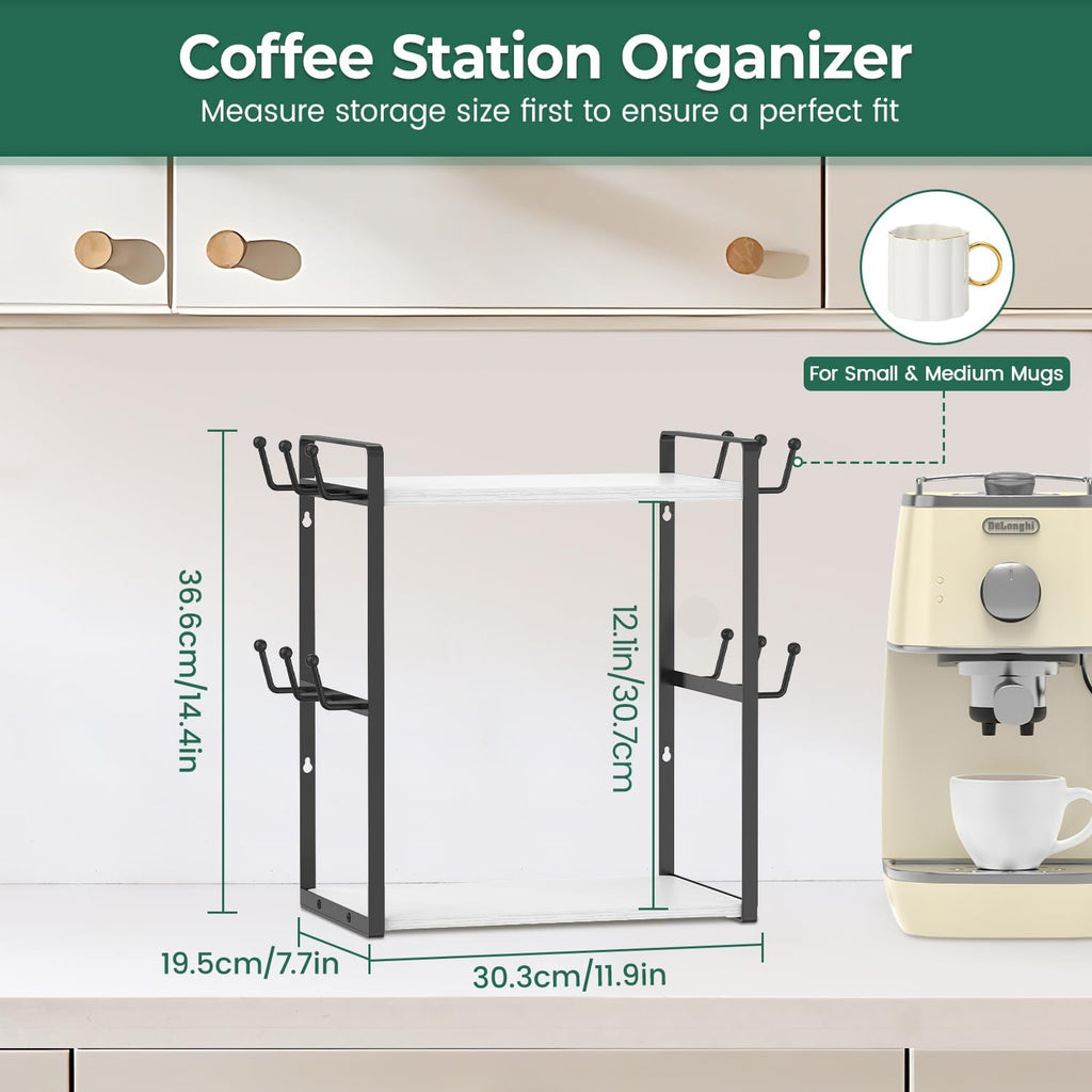 EsLuker.ly 2 Tier Coffee Mug Holder Station Bar Organizer Countertop, Mug Cup Tree Rack for Kitchen Office, Storage Shelf with 12 Hooks, Creat Stylish Coffee Corner, White-Black