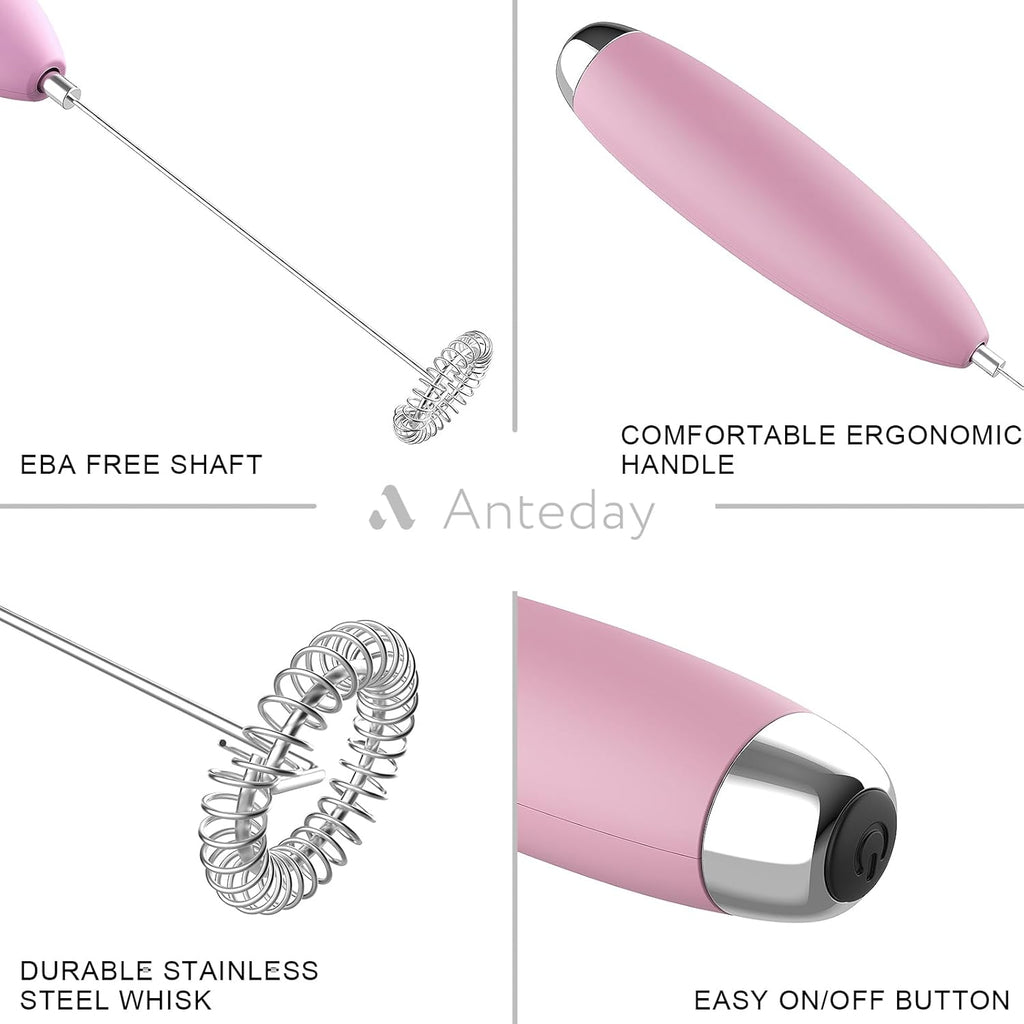 Frother Handheld for Coffee, Milk Frother Upgraded Matcha Whisk Drink Mixer Electric Mini Whisk Hand Mini Foamer Coffee Mixer for Lattes Cappuccino Frappe Matcha Hot Chocolate, Pink