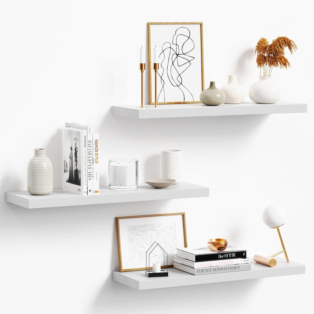 Floating Shelves for Wall, White Wood Wall Shelf Set of 3, 24" Wall Mounted Floating Shelf for Kitchen