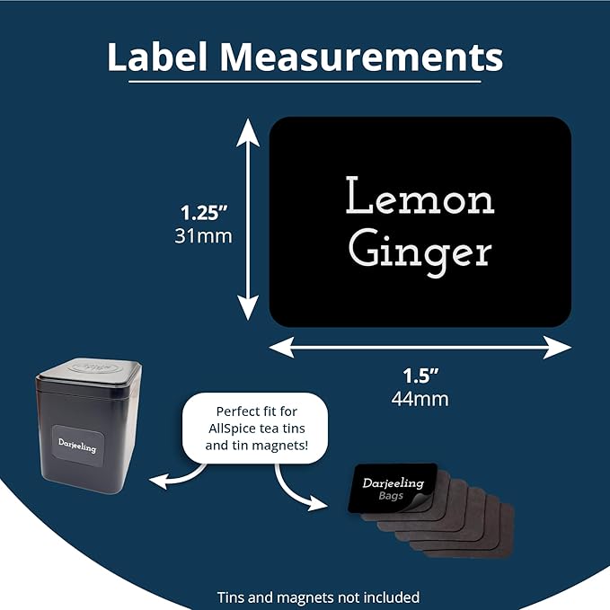 Tea Tin Labels, 160 Pre-Printed Waterproof Adhesive Labels, 1.7 x 1.2 Inches, Vinyl Material, Removable