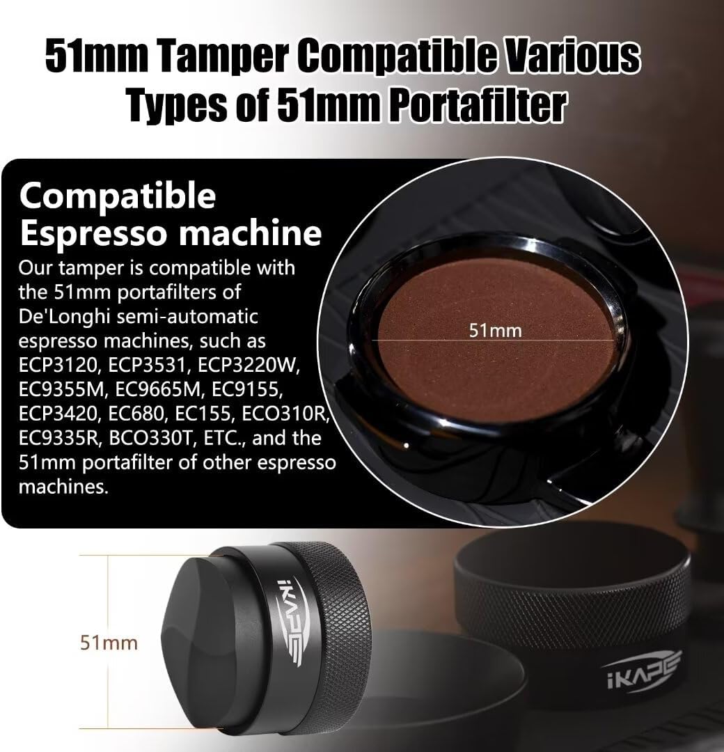 IKAPE 51MM Coffee Distributor, Black Design of Bottom Propeller, Gravity Adaptive Espresso Distributor Fits All 51MM Espresso Portafilter, Compatible with 51MM Delonghi Bottomless Portafilter