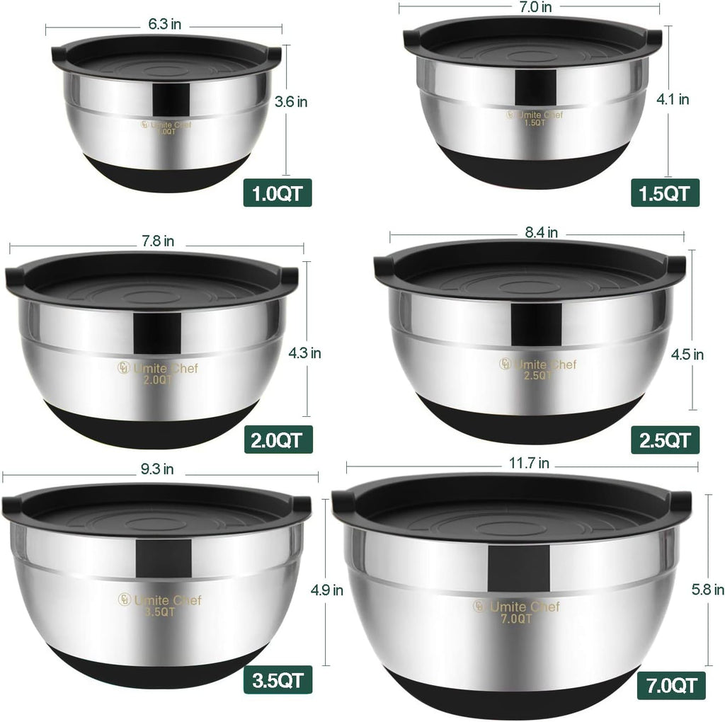 Umite Chef Mixing Bowls with Airtight Lids，6 piece Stainless Steel Metal Nesting Storage Bowls, Non-Slip Bottoms Size 7, 3.5, 2.5, 2.0,1.5, 1QT, Great for Mixing & Serving(Black)