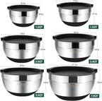 Umite Chef Mixing Bowls with Airtight Lids，6 piece Stainless Steel Metal Nesting Storage Bowls, Non-Slip Bottoms Size 7, 3.5, 2.5, 2.0,1.5, 1QT, Great for Mixing & Serving(Black)