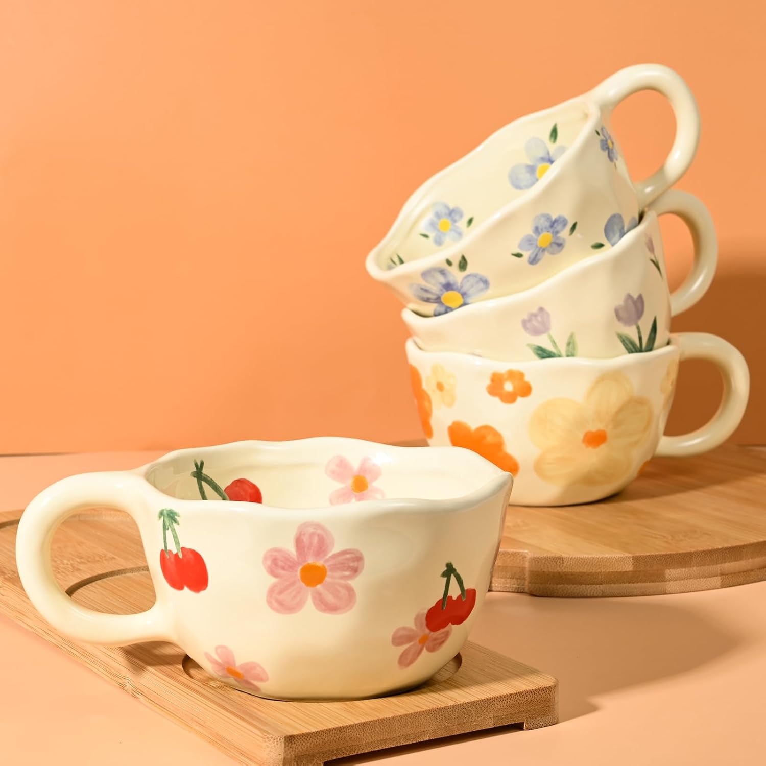 Ceramic Coffee Mug Vintage Flower Mugs 8 oz Cute Floral Coffee Mugs Irregular Latte Art Cup Lead-free Porcelain Cups for Cappuccino, Cocoa (4 Pack)