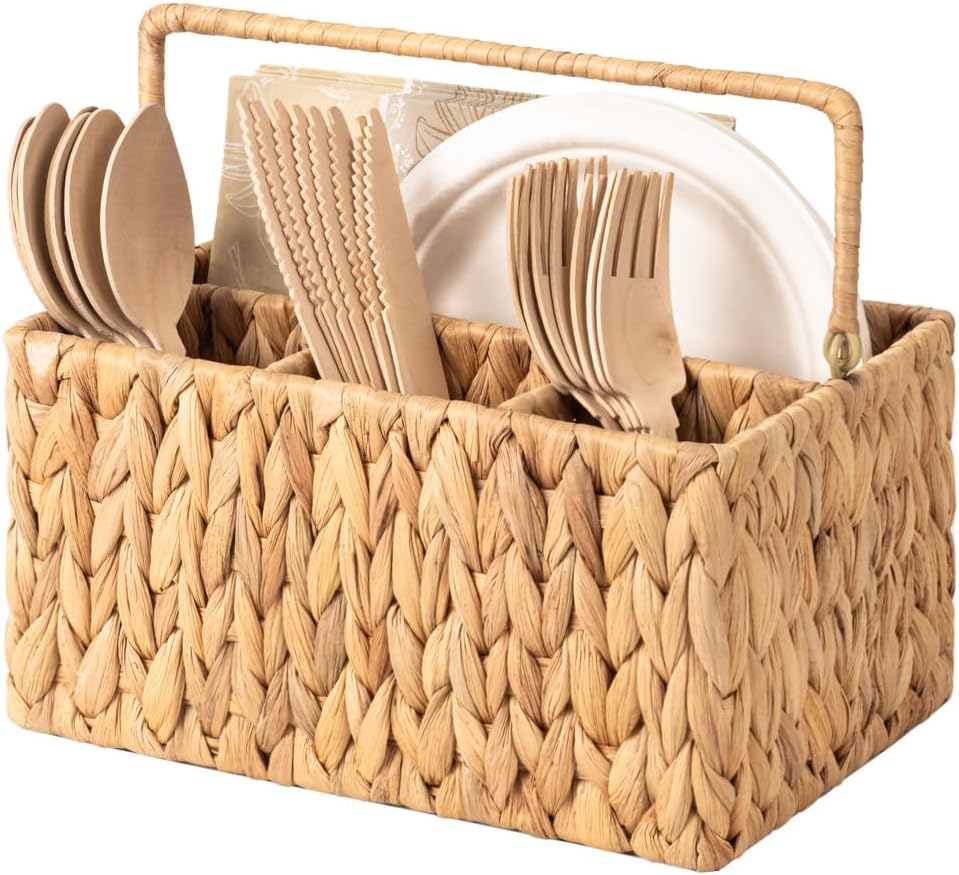 StorageWorks Hand-Woven Wicker Silverware Organizer - Water Hyacinth Cutlery Holder for Countertop with Handle (1-Pack)