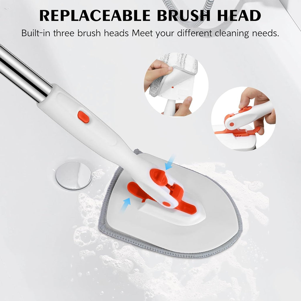 SetSail 4-in-1 Tile Tub Floor Scrubber with 52-inch Adjustable Long Handle Shower Cleaner Brush Comes with Window Scrubber and 3 Replacement Brush Heads for Cleaning Bathroom Kitchen Tub Tile,Orange