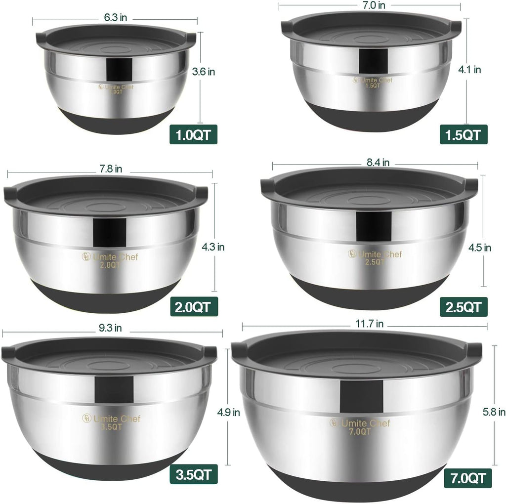 Umite Chef Mixing Bowls with Airtight Lids，6 piece Stainless Steel Metal Nesting Storage Bowls, Non-Slip Bottoms Size 7, 3.5, 2.5, 2.0,1.5, 1QT, Great for Mixing & Serving(Grey)