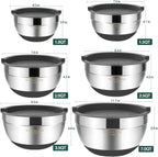 Umite Chef Mixing Bowls with Airtight Lids，6 piece Stainless Steel Metal Nesting Storage Bowls, Non-Slip Bottoms Size 7, 3.5, 2.5, 2.0,1.5, 1QT, Great for Mixing & Serving(Grey)