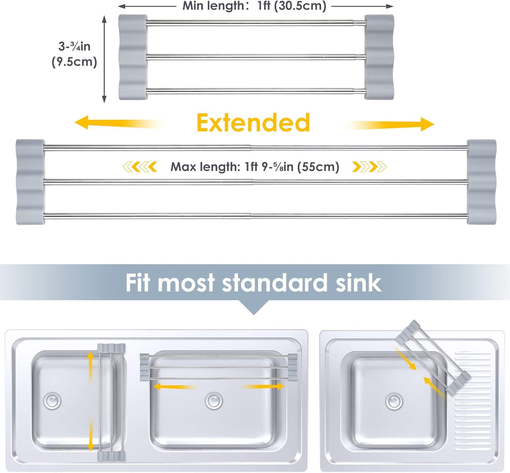 Tomorotec Adjustable Over-The-Sink Kitchen Rack for Dishcloths, Sponges, Bottles and Brushes - Heat-Resistant Stainless Steel with Slim, Expandable Design and Multifunctional Silicone Holder