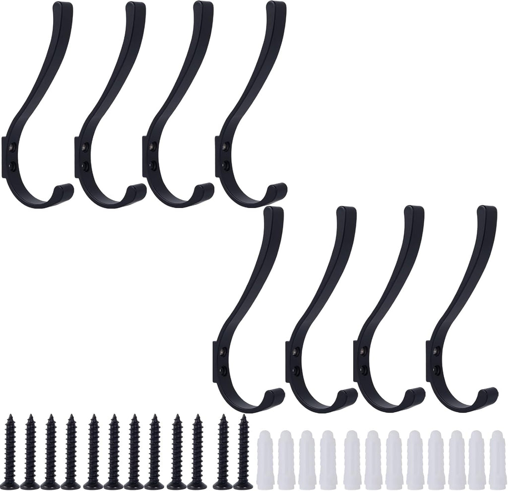 8 Pack Hanging Coat Hooks Wall Mount, Coat Hanger Wall Hangers, Metal Hooks for Hanging Heavy Duty, Screw in Hooks for Hanging Towels, Clothes, Backpack, Hat, Bag, Jacket, Key, Robe, Backpack Black