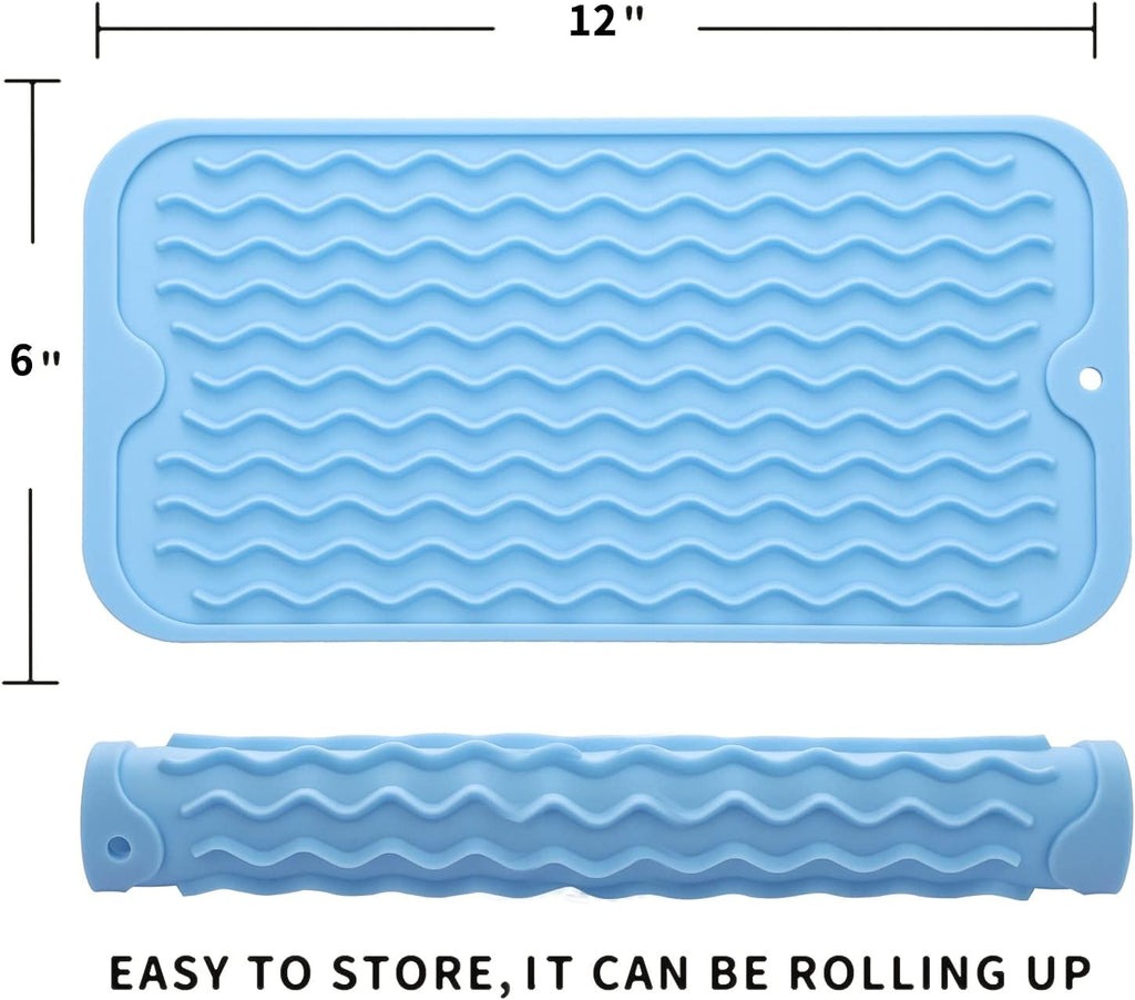 Silicone Dish Drying Mat for Multiple Usage,Easy clean,Eco-friendly,Heat-resistant Silicone Mat for Kitchen Counter or Sink,Refrigerator or Drawer Liner Light Blue S 12 inches x 6 inches
