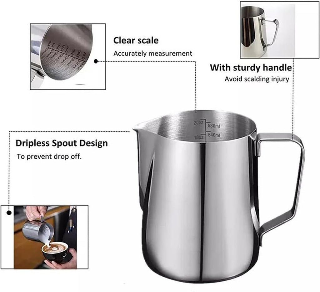 Milk Frothing Pitcher with BONUS Latte Art Pen, 12oz Milk Frother Cup with Clear Scale 304 Stainless Steel Cappuccino Espresso Machine Accessories for Barista Coffee Bar.