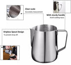 Milk Frothing Pitcher with BONUS Latte Art Pen, 12oz Milk Frother Cup with Clear Scale 304 Stainless Steel Cappuccino Espresso Machine Accessories for Barista Coffee Bar.