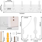 Coat Rack Wall Mount Coat Hooks Wooden Hat Rack for Wall Hooks Pine Real Wood Plank 16.9" White Coat Hanger with 5 White Triple Hooks for Hanging Coat Hat Jacket