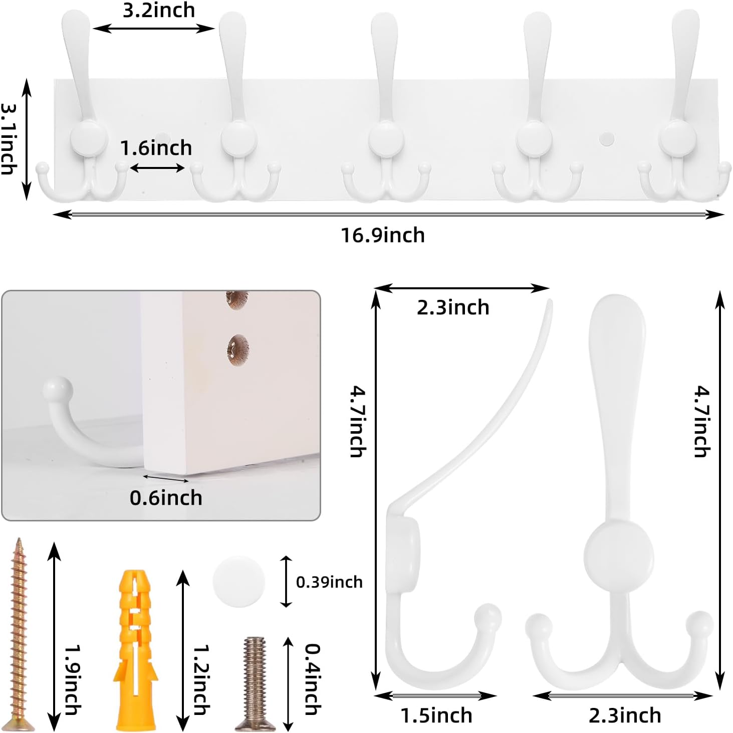 Coat Rack Wall Mount Coat Hooks Wooden Hat Rack for Wall Hooks Pine Real Wood Plank 16.9" White Coat Hanger with 5 White Triple Hooks for Hanging Coat Hat Jacket