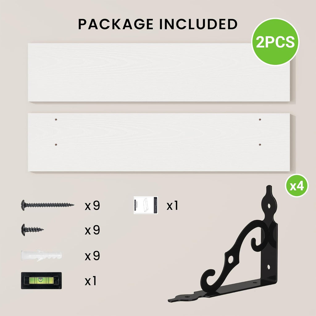 RICHFOCUS Floating Shelves for Wall Decor, 35.4W x 8D Wall Shelves Set of 2, 8 Inch Deep Rustic Wood Shelves Wall Mounted with Brackets, Long Floating Shelves for Living Room Bedroom Kitchen, White