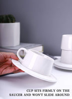 Kanwone Porcelain Stackable Cappuccino Cups with Saucers - 8 Ounce for Specialty Coffee Drinks, Cappuccino, Latte, Americano and Tea - Set of 4, White