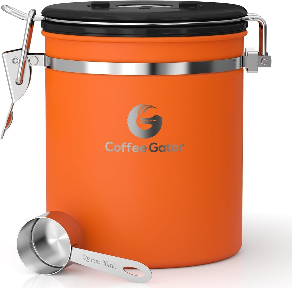 Coffee Gator Coffee Canister, 16oz Airtight Stainless Steel Kitchen Food Storage Container with Date Tracker, Scoop for Sugar,Grounds Coffee, Beans,Tea, Sugar, Cereal, Flour, Cookies Jars - Orange