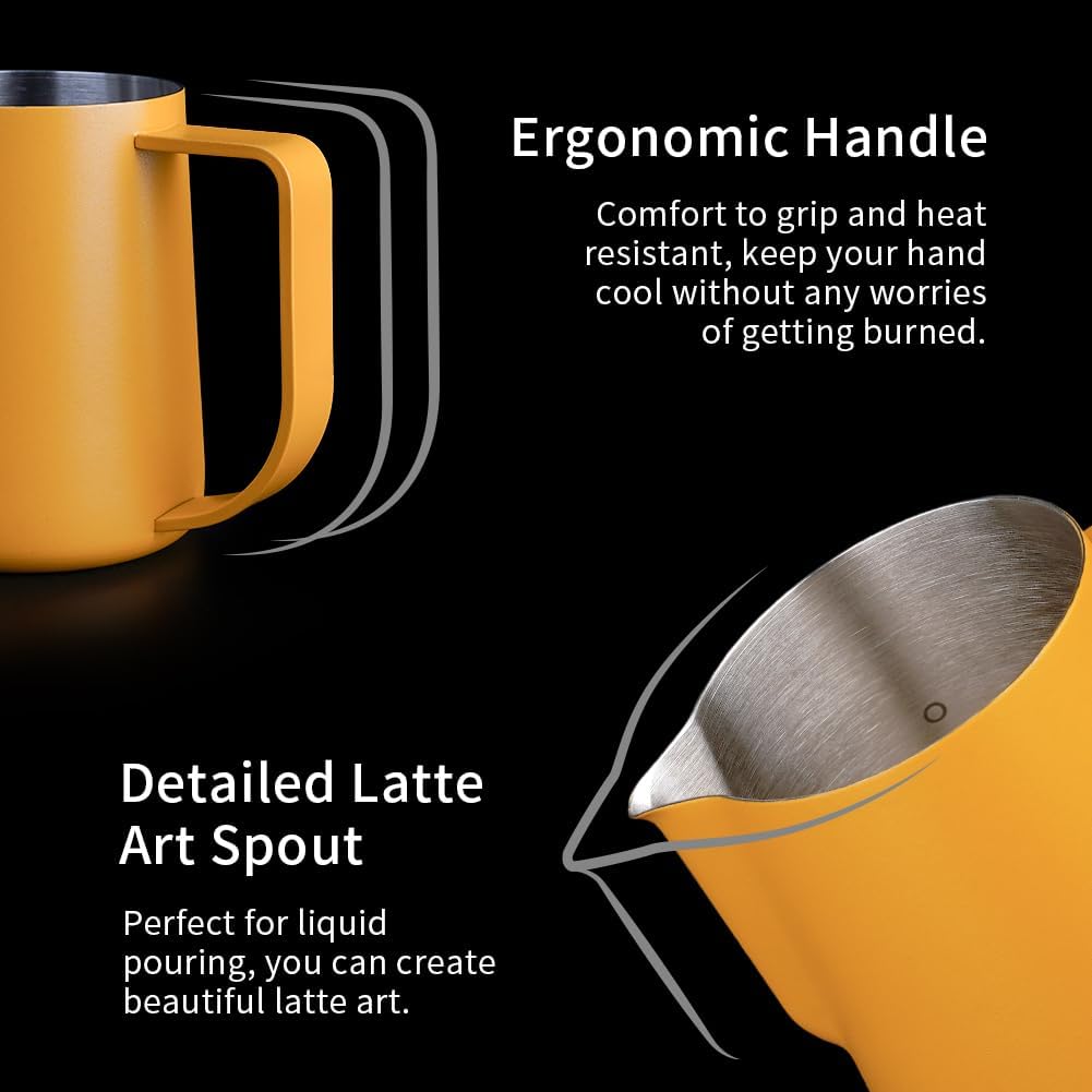 watchget Milk Frothing Pitcher 250ml/8oz Stainless Steel Espresso Steaming Jug with Matte Yellow Coating, Latte Art Coffee Frother Cup