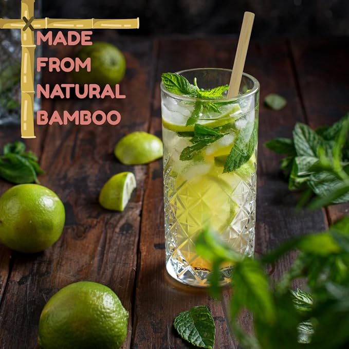 Eco-Friendly Bamboo Cocktail Stirrers & Napkins Set – 50 Pack 8” Organic Bamboo Straws + 50 Luxury Disposable Napkins – Biodegradable Party Essentials for Cocktails, Beach Events & Tiki Bars
