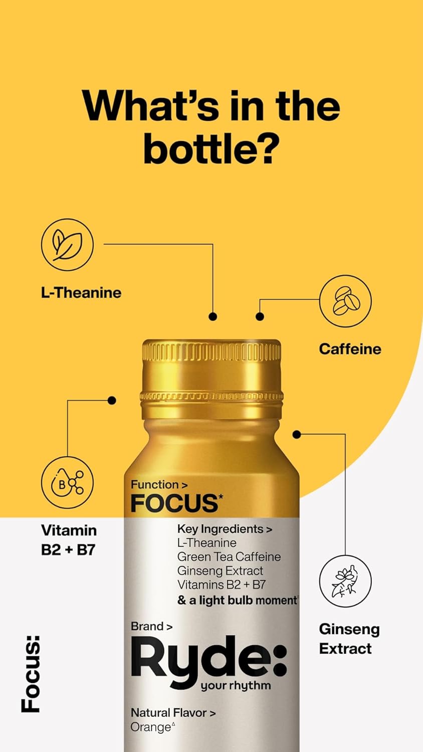 Ryde: Focus Shot | Orange Flavor | L-Theanine & Ginseng | Green Tea Caffeine | Vitamins B2 & B7 | 0 Calories, 0 Sugar | 2 FL OZ Shots | Supports Focus* (24 Pack)