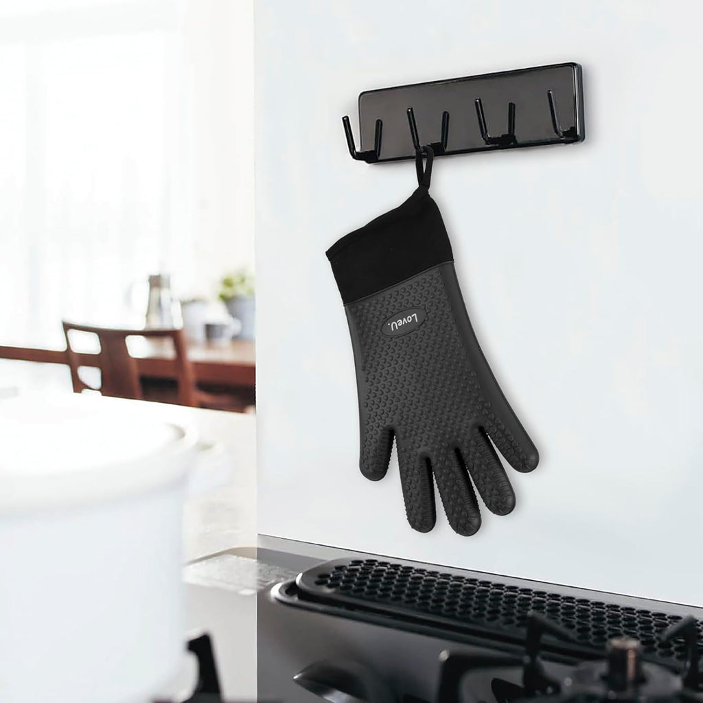 Kitchen Oven Gloves - Dual-Layer Heat Resistant Grilling Gloves, Silicone Oven Mitts with 5 Fingers, Waterproof Non-Slip Pot Holder for Barbecue, Cooking, Baking (XL-XXXL, Black Long)