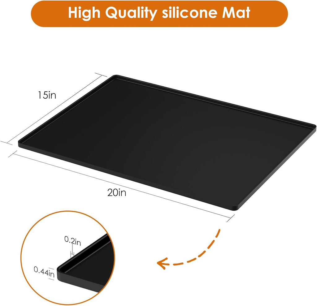 Silicone Coffee Mat with Raised Edges, 20'' x 15'', Keep Tidy for Countertops, Accessories Fit Under Coffee Maker Espresso Machine, Dish Drying Mat, Baking Mat (Black)