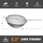 Walfos 9.5 Inch Large Fine Mesh Strainer, Stainless Steel 30 Mesh Sieve with Sturdy Handle, Kitchen Food Strainers Sifters for Rice, Quinoa, Pasta, Fruits, Vegetables, etc.