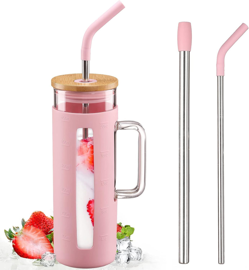 Kodrine Tumbler with Lid and Straw, 20 oz Glass Coffee Tumbler with Handle, Smoothie Cup with Bamboo Lid | Time Marker | Silicone Protective Sleeve, BPA Free -Pink