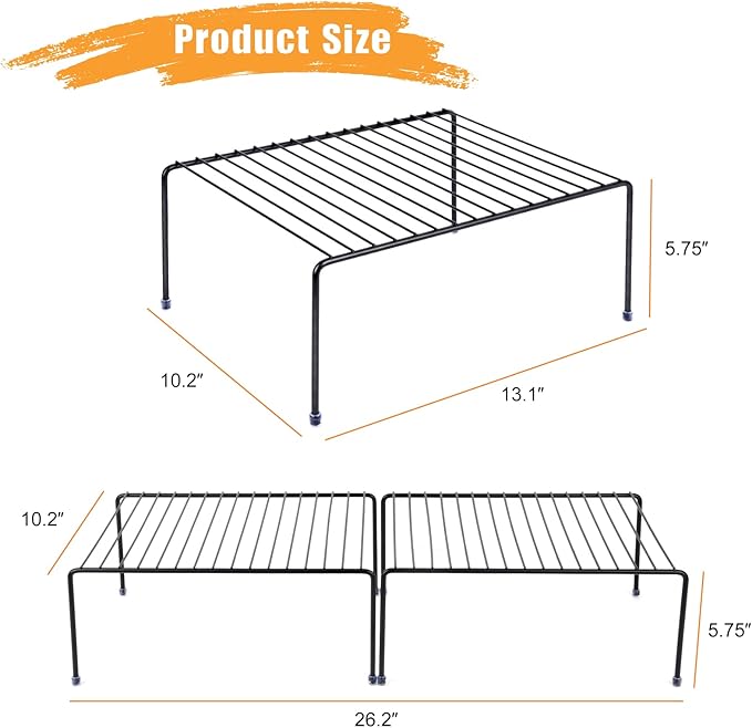 SIBAO Kitchen Cabinet Storage Shelf Rack/Plastic Feet - (13.1 x 10.2 Inch) - Steel Metal - Rust Resistant Finish - Cups, Dishes, Cabinet & Pantry Organization (2, Black)