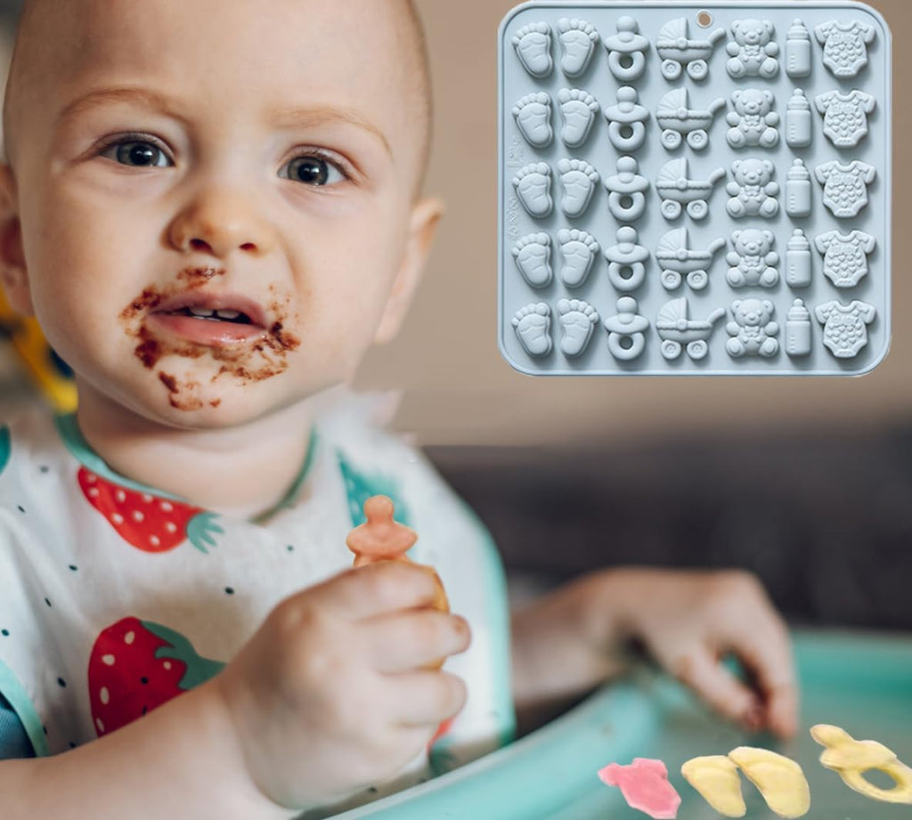 Baby Chocolate Mold Set Silicone Baking Molds with Footprint, Stroller, Reusable for Newborn Cakes, Diaper Party Treats Baby Favors - 2 Pack