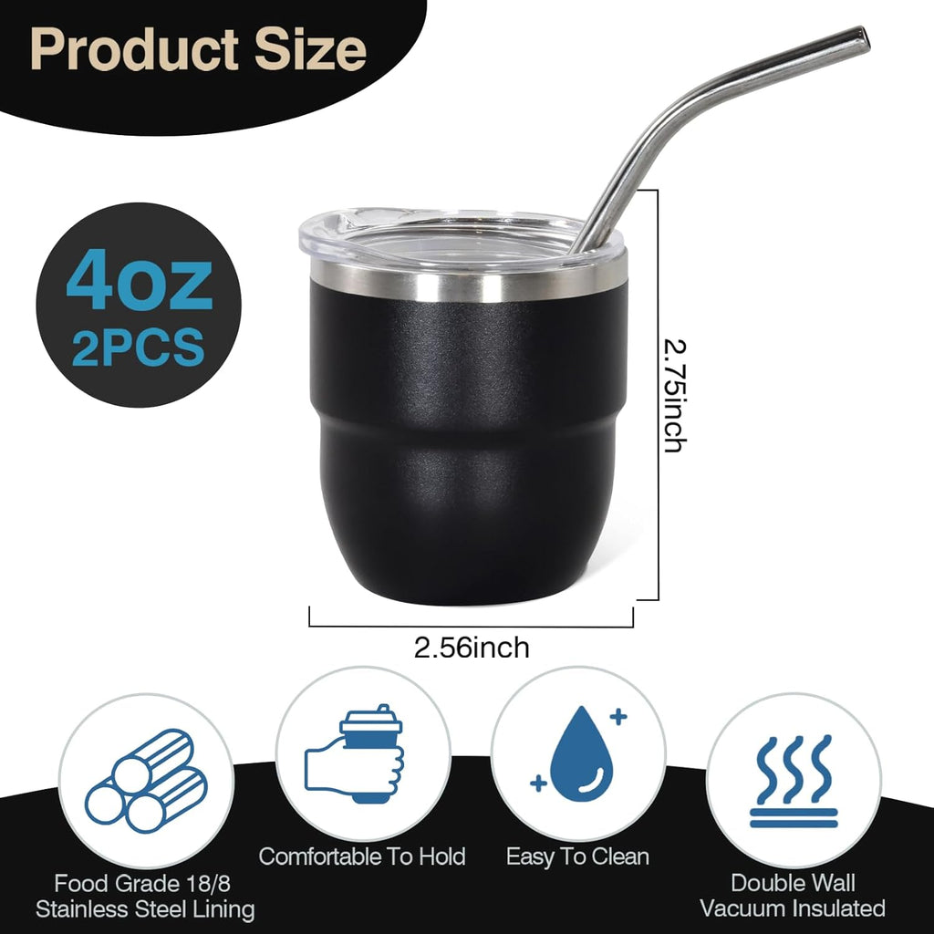 4oz Stackable Cup, Vacuum Insulated Espresso Cup Set of 2, Espresso Shot Glass for Coffee, Double Wall Stainless Steel Mini Tumbler Shot Glasses with Straw and Lid (A-black2P, 4oz)