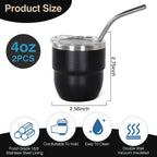 4oz Stackable Cup, Vacuum Insulated Espresso Cup Set of 2, Espresso Shot Glass for Coffee, Double Wall Stainless Steel Mini Tumbler Shot Glasses with Straw and Lid (A-black2P, 4oz)