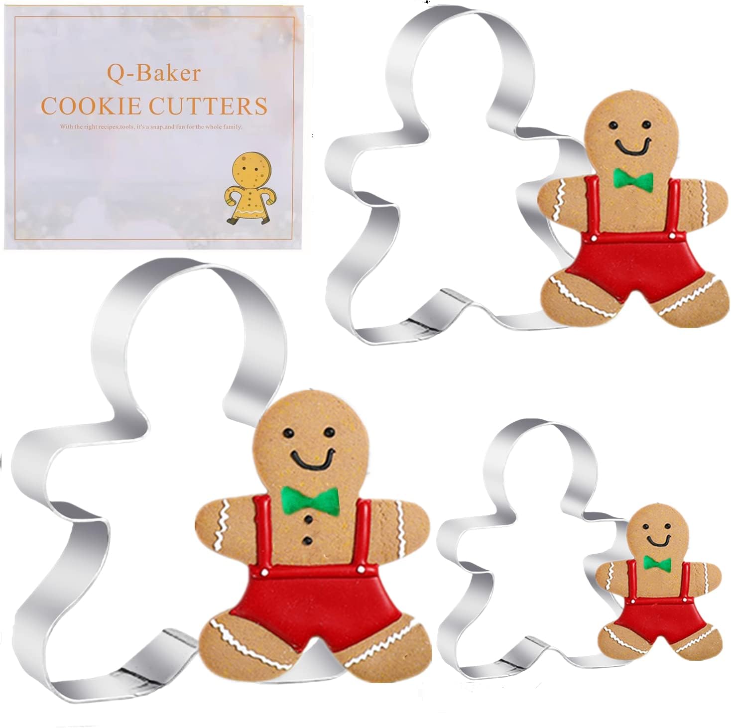 3-Piece Gingerbread Man Cookie Cutter Set, 5.12" x 4.34" x 3.42" - Stainless Steel Holiday Cookie Cutter Shapes for Baking Gifts