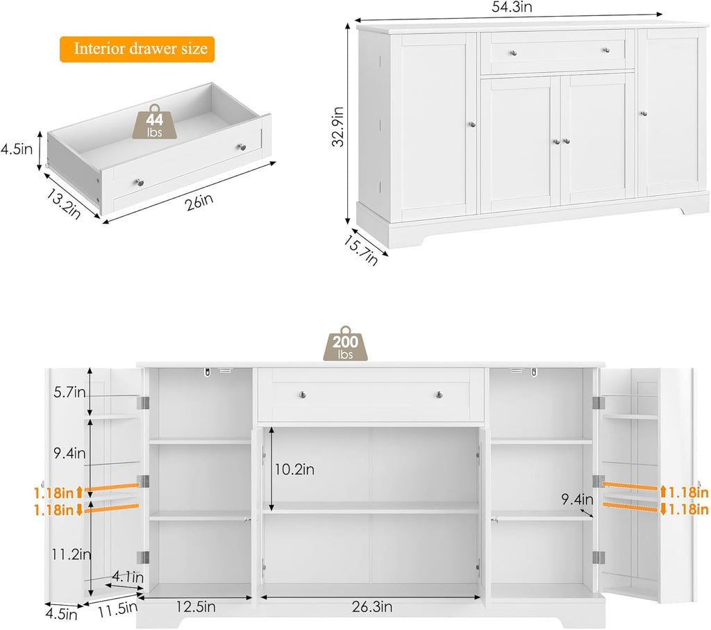 HITHOS 54" Buffet Cabinet with Storage, Modern Kitchen Buffet Sideboard with Drawer, Wood Coffee Bar Station with Adjustable Shelves, Kitchen Storage Cabinet for Living Room, White