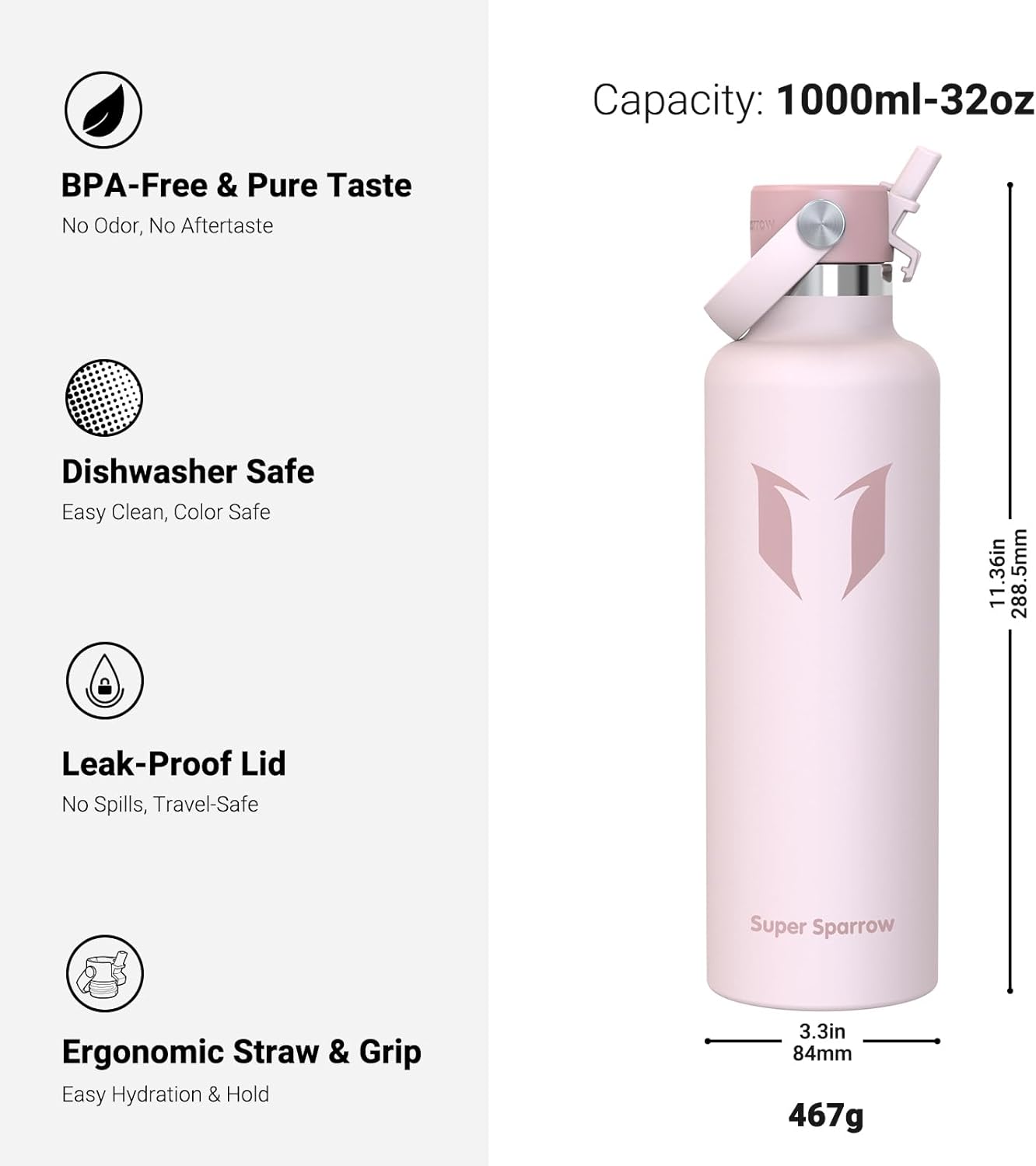 Super Sparrow Insulated Water Bottle - 17 Oz / 25 Oz / 32 Oz - Standard Mouth FlipFlow Flask - BPA Free, Leak Proof Drink Bottle- Ergonomic Straw Water Bottles for Work, Gym, Travel, Sports