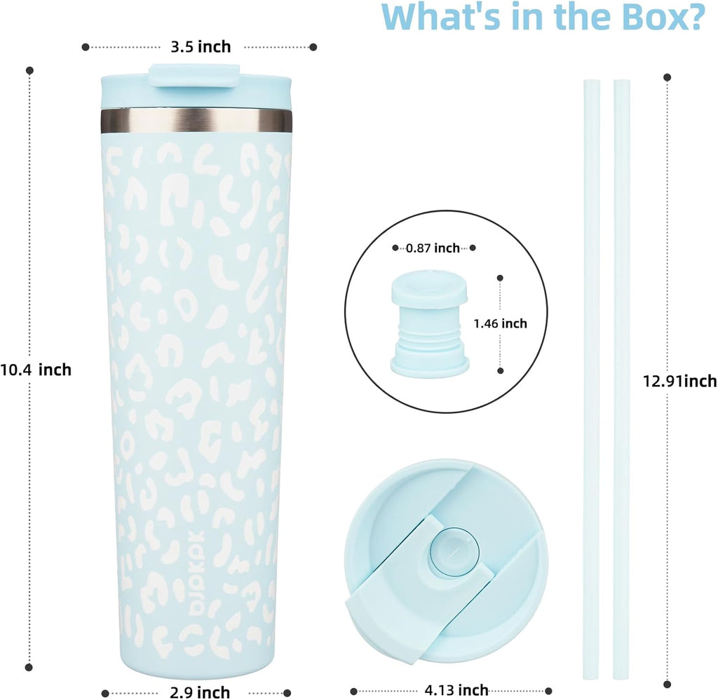 BJPKPK 34oz Tumbler With lid And Straw Stainless Steel Travel Coffee Mug Insulated Tumblers Cups,Light Blue Leopard
