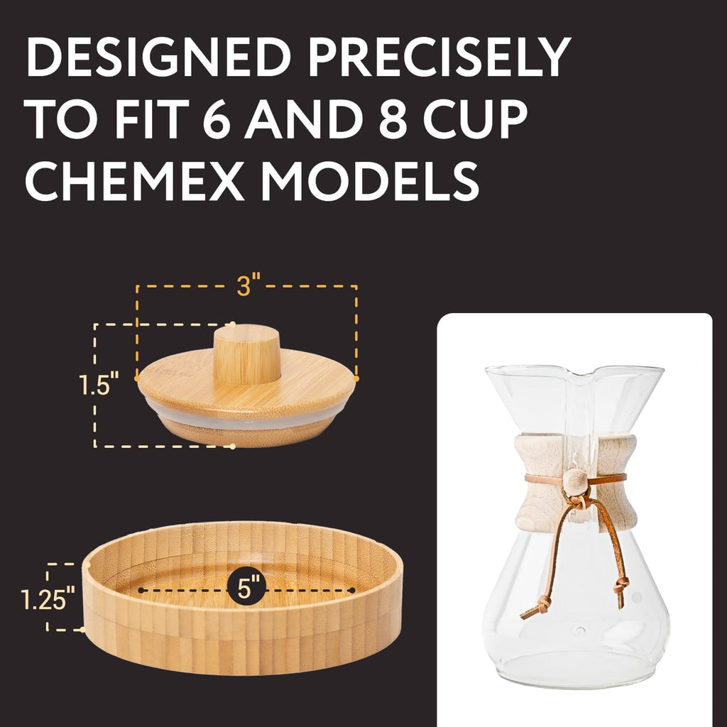 IMPRESA Coffee Pot Cover & Wooden Trivet Set - Chemex Compatible 6-Cup, 8-Cup Pour Over Carafe - Glass Maker Stand & Chemex Style Lid for Pour Over Coffee Systems