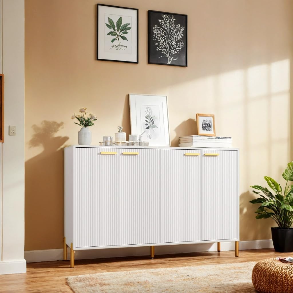 White Fluted Sideboard Cabinet - Luxury Buffet Table with 4 Doors, Large Coffee Bar Station for Living Room, Kitchen, Hallway, Entryway Storage