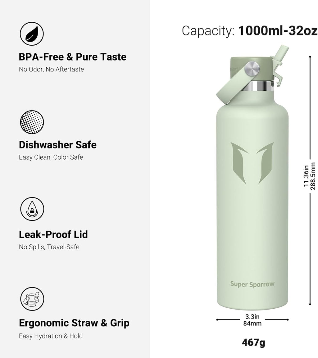 Super Sparrow Insulated Water Bottle - 17 Oz / 25 Oz / 32 Oz - Standard Mouth FlipFlow Flask - BPA Free, Leak Proof Drink Bottle- Ergonomic Straw Water Bottles for Work, Gym, Travel, Sports