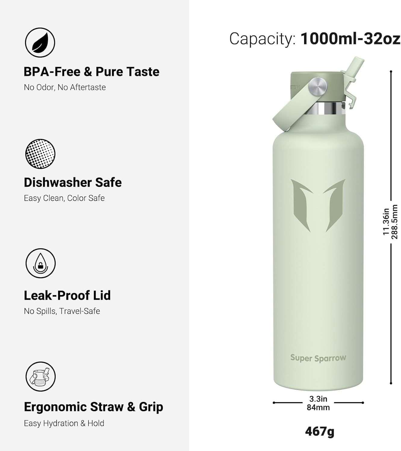 Super Sparrow Insulated Water Bottle - 17 Oz / 25 Oz / 32 Oz - Standard Mouth FlipFlow Flask - BPA Free, Leak Proof Drink Bottle- Ergonomic Straw Water Bottles for Work, Gym, Travel, Sports