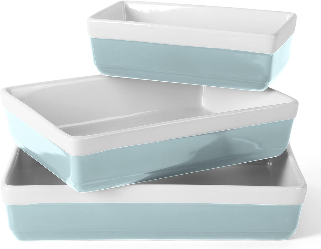 MARTHA STEWART 3 Piece Oven to Table Stoneware Bakeware, Baking Dish & Casserole Set - Dusty Blue