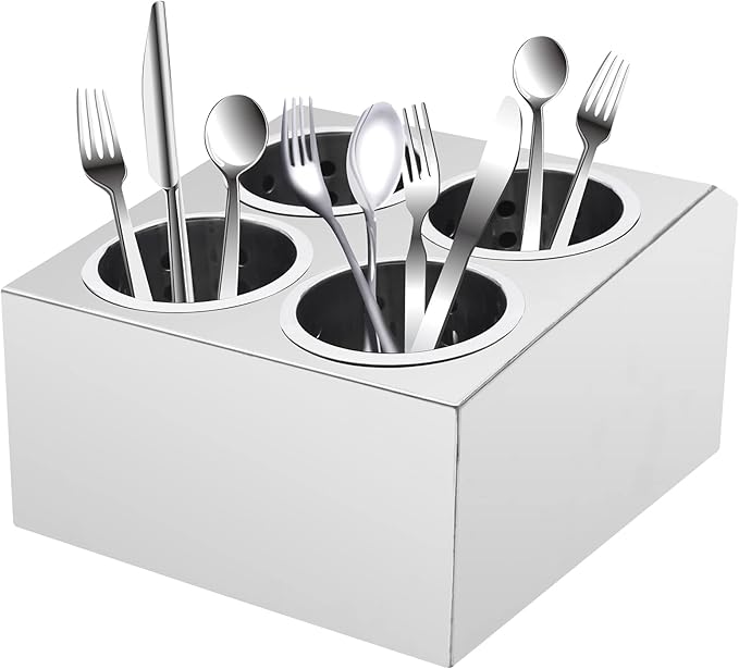 DYNAMI Stainless Steel Kitchen Utensil Holder with 4 Compartments,Commercial Silverware Sorter Silverware Utensil Holder,Perforated Caddy Drying Rack Flatware Organizer Countertop,for Buffets