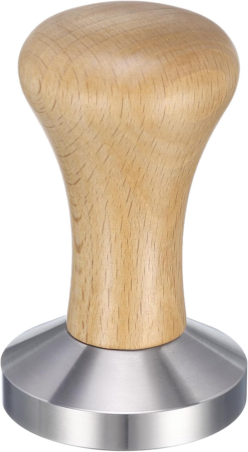 uxcell 51mm Espresso Tamper, Stainless Steel Press Tool Tamper with Wooden Handle, Espresso Accessories for Baristas, Home, Shops, Cafe (Flat Base, Light Wooden)