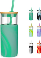 Tronco 20 oz Glass Tumbler with Straw and Lid- Glass Cup with Lid and Straw, Iced Coffee Cup Reusable, Smoothie Cups, Bamboo Lid and Protective Silicone Sleeve - BPA-Free