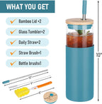 Glass Tumbler w/Lids & Straw: 24 oz Reusable Glass Cup w/Bamboo Lid, Stainless Steel Straws, BPA-Free, Leak-Proof, Dishwasher Safe for Coffee/Smoothies/Hot Beverage, Travel/Office/Home Use, 2-Pk
