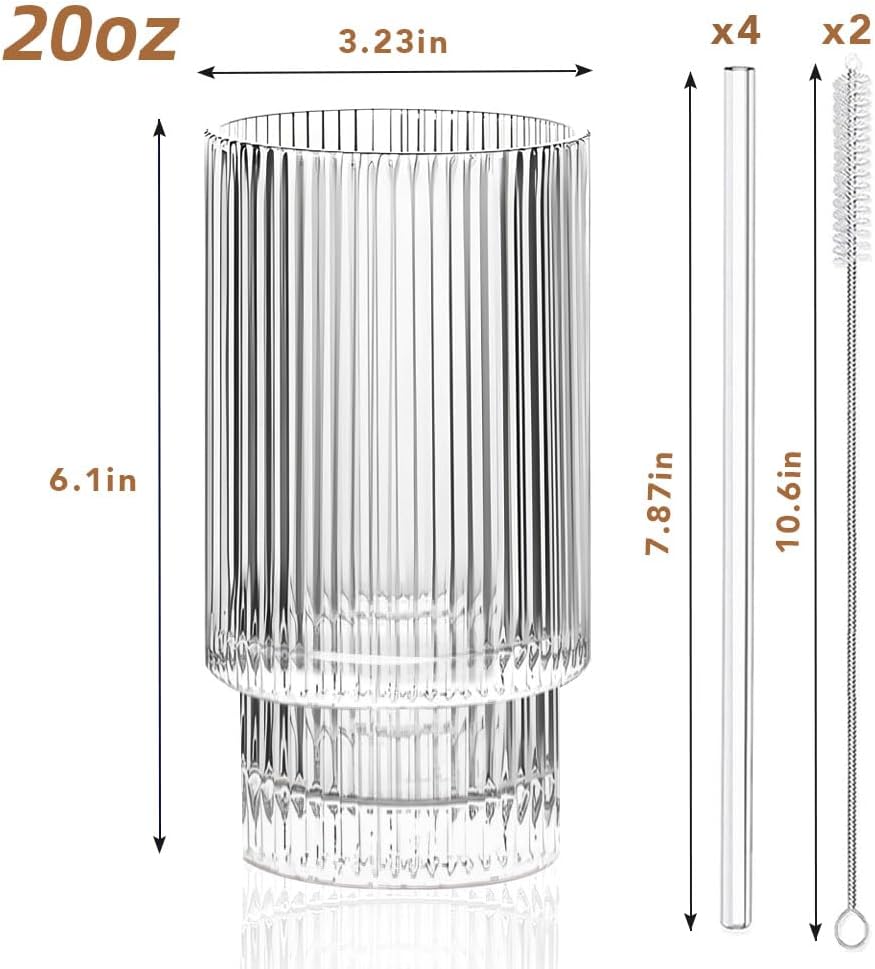 Ribbed Glassware Set of 4, 20oz Origami Style Drinking Glass Cup with Lid and Straw, Iced Coffee, Cocktail, Beer, Juice Stackable Drinking Glasses, Perfect for indoor and outdoor use