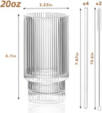 Ribbed Glassware Set of 4, 20oz Origami Style Drinking Glass Cup with Lid and Straw, Iced Coffee, Cocktail, Beer, Juice Stackable Drinking Glasses, Perfect for indoor and outdoor use