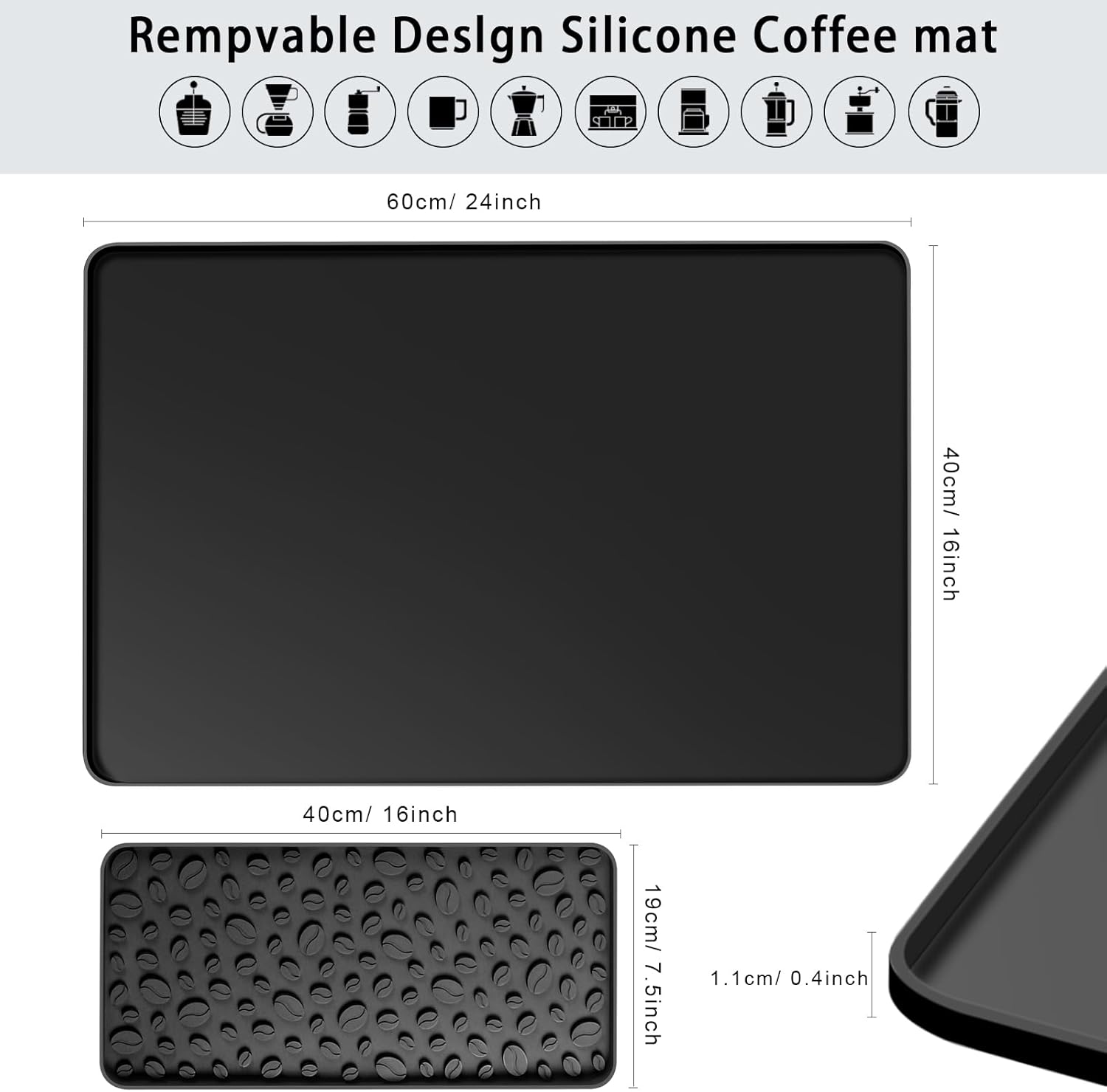 Silicone Coffee Bar Mat 24''x16'' Non-Slip Coffee Maker Mat, Heat-resistant Silicone Mat Detachable Dish Drying Mats for Kitchen Countertops, Station Mat, Waterproof Under Pad (black, 24''x16'')