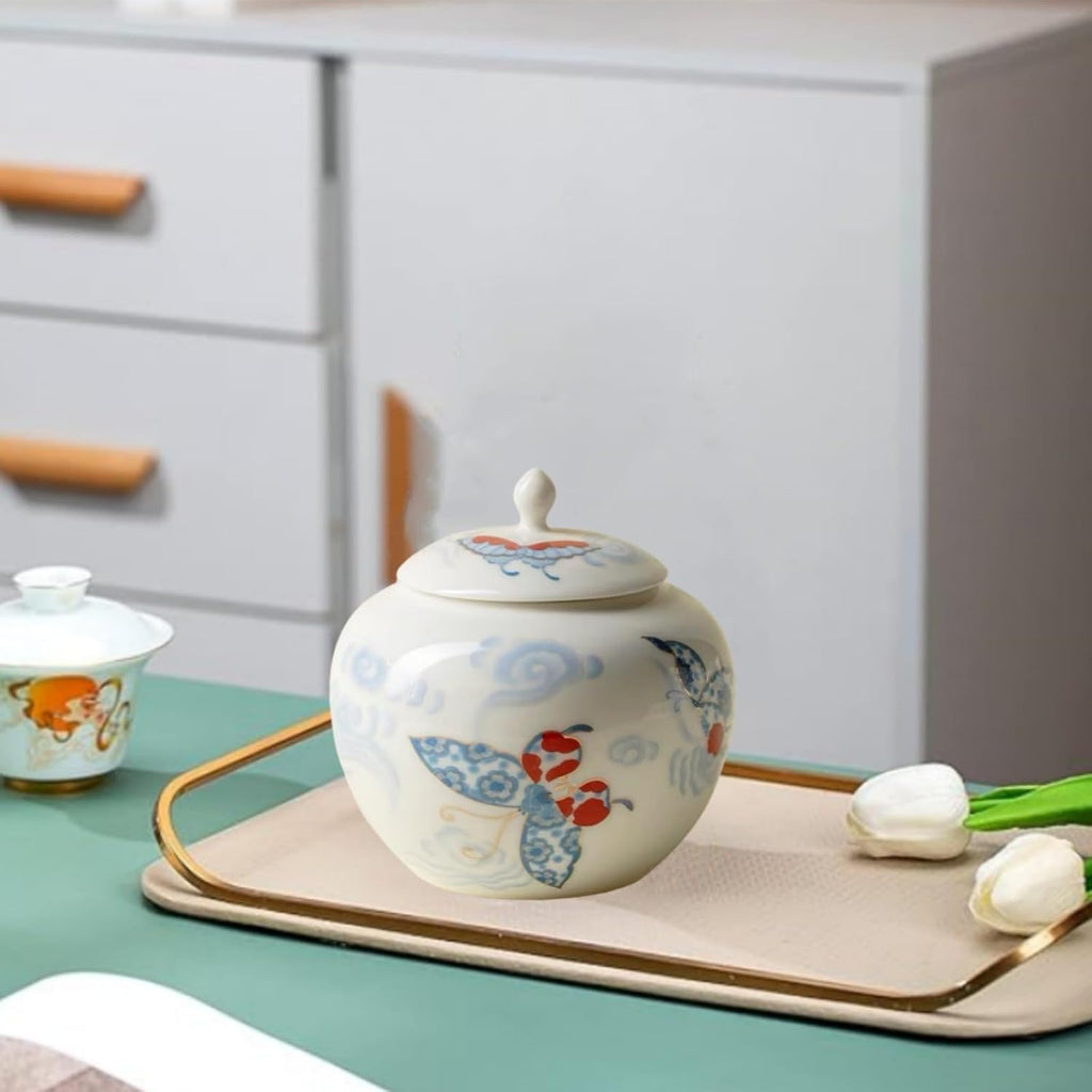 Butterflies Small Ginger Jar - 3.5 inches white decorative Ceramic Ginger jars with Lid， chinoiserie gift small jars for Home decor/jewelry/Tea/coffee beans/Storage